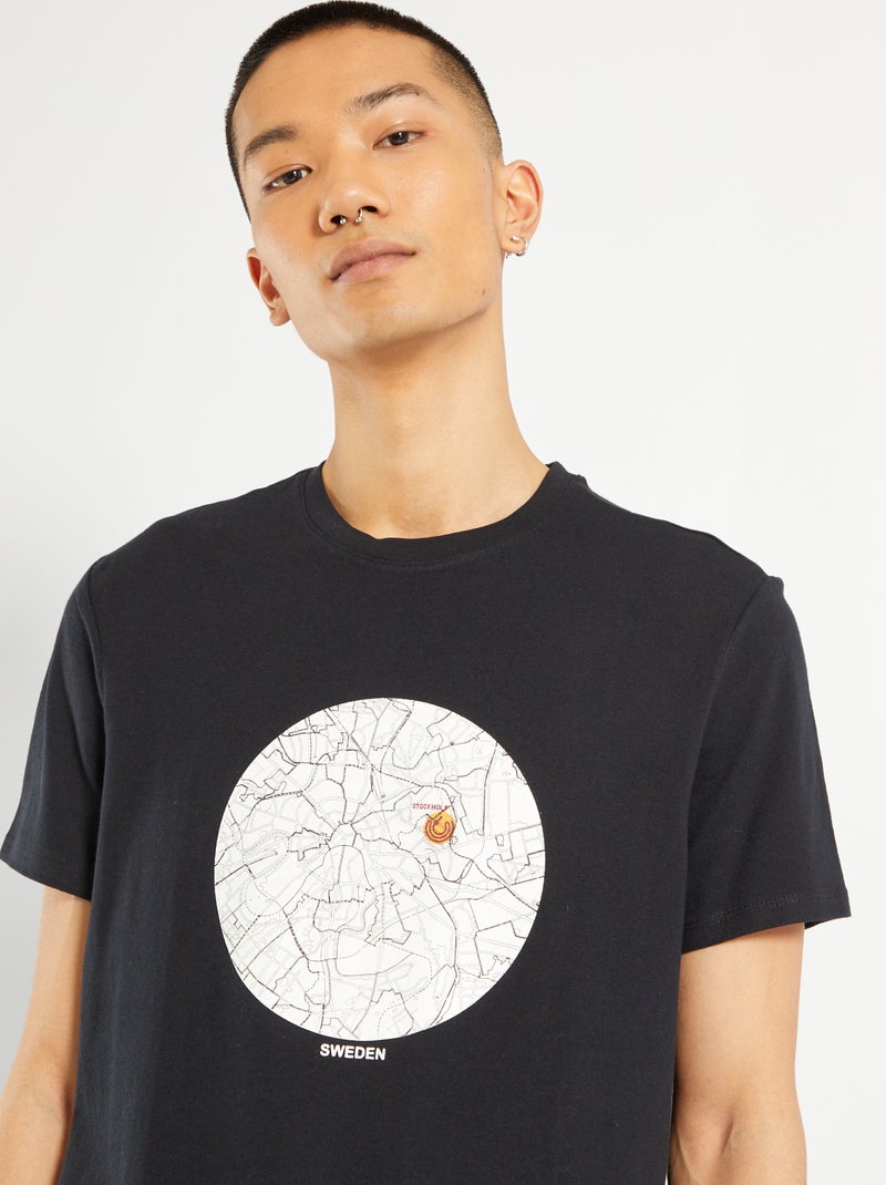 T-shirt estampada em puro algodão PRETO - Kiabi