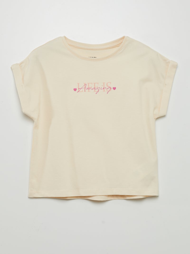 T-shirt estampado com mangas com dobra BEGE - Kiabi