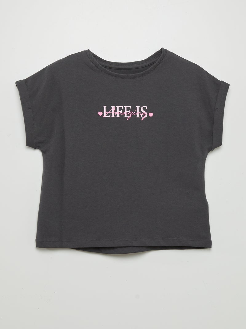T-shirt estampado com mangas com dobra PRETO - Kiabi