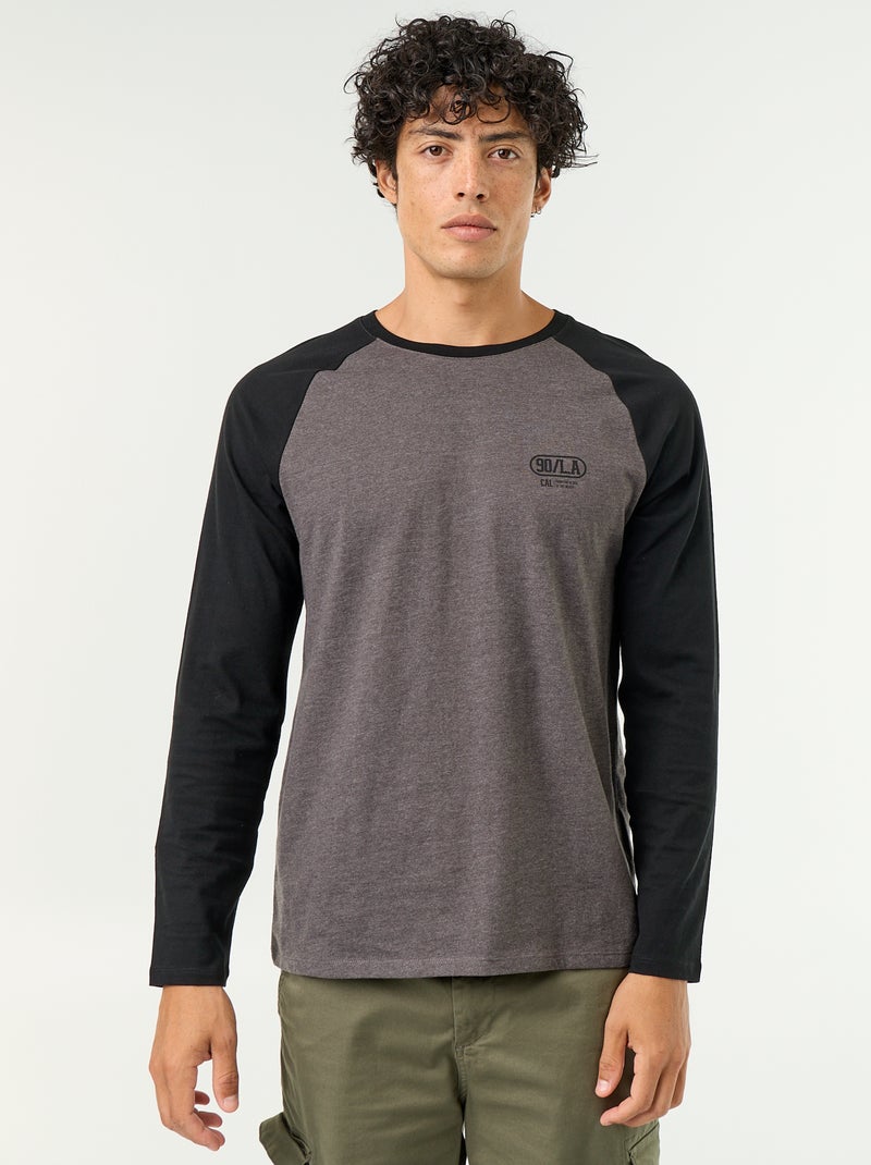 T-shirt estampado com mangas raglan compridas Cinza - Kiabi