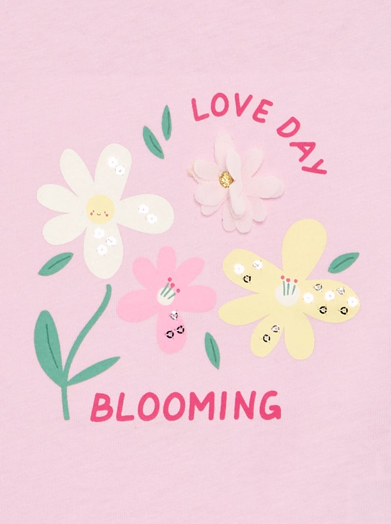 T-shirt estampado e bordado de manga curta Rosa - Kiabi