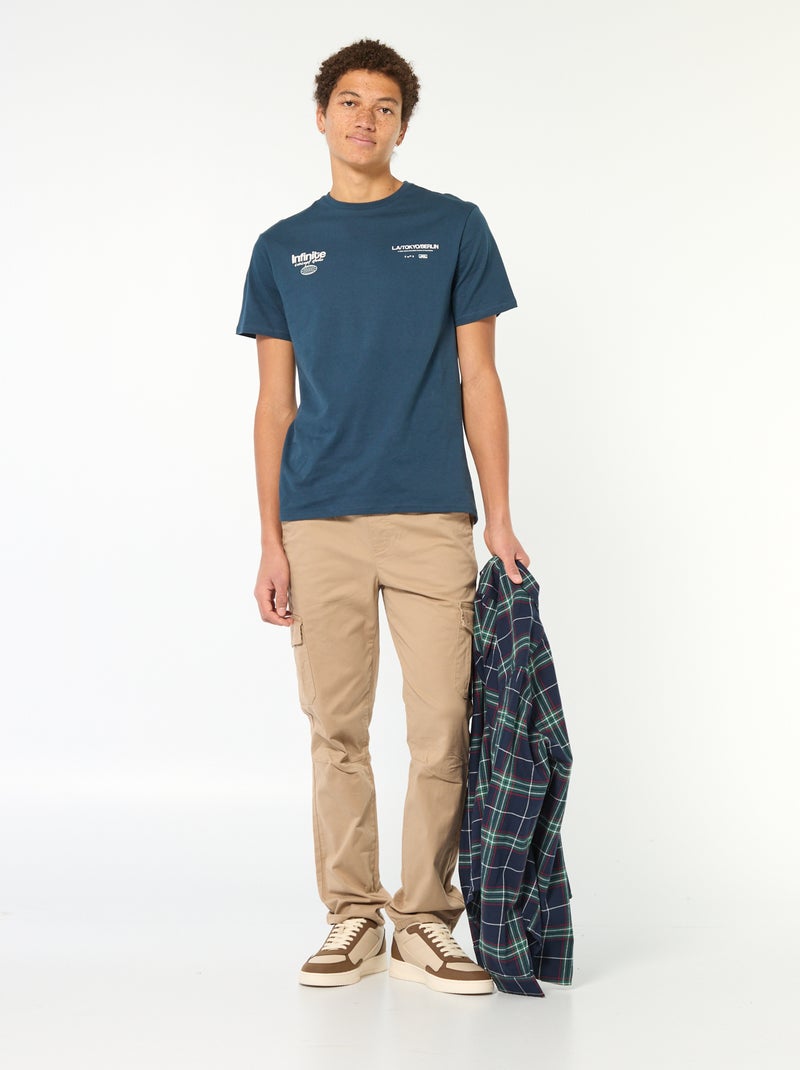 T-shirt estampado em algodão liso Azul - Kiabi