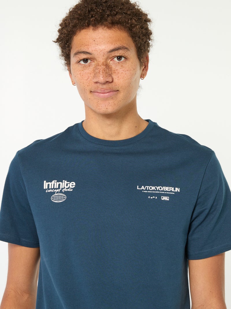 T-shirt estampado em algodão liso Azul - Kiabi