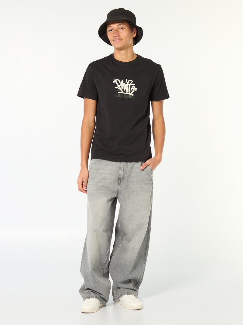 T-shirt estampado em algodão liso Preto - Kiabi