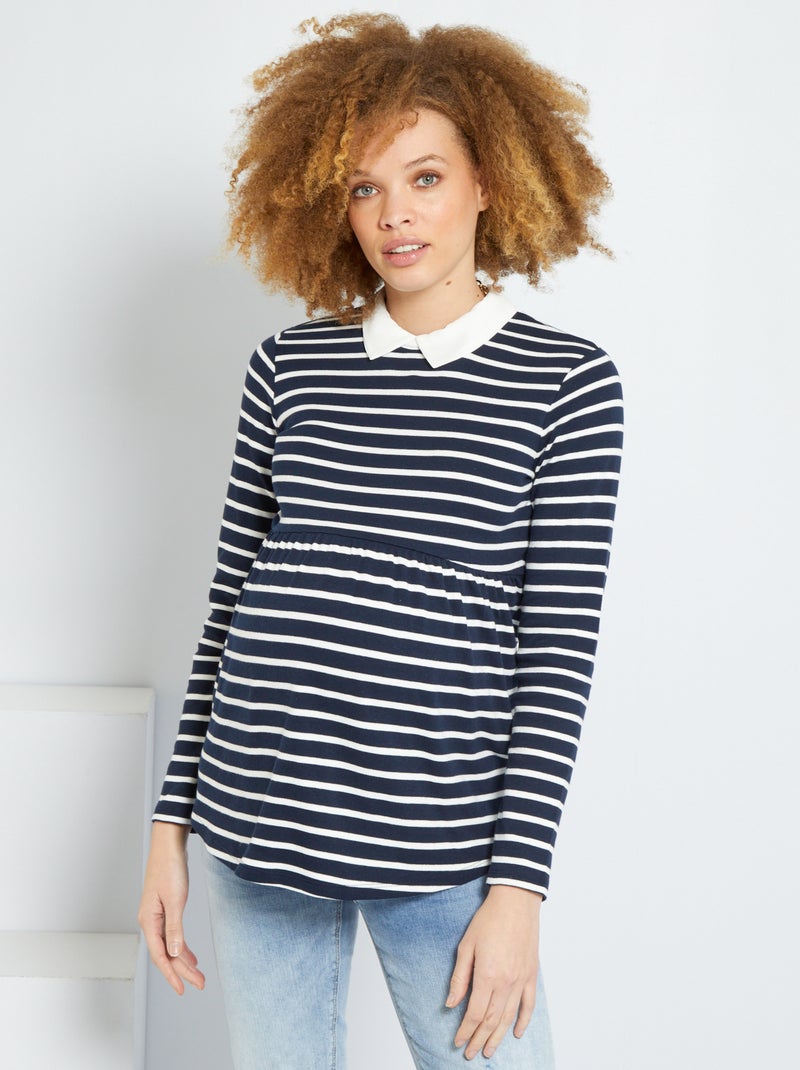 T-shirt estilo marinheiro com gola claudine AZUL - Kiabi