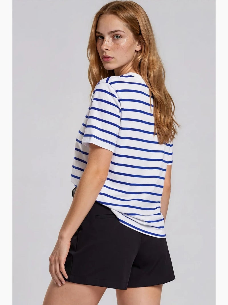 T-shirt feminina de algodão às riscas com gola redonda busem Branco Azul - Kiabi