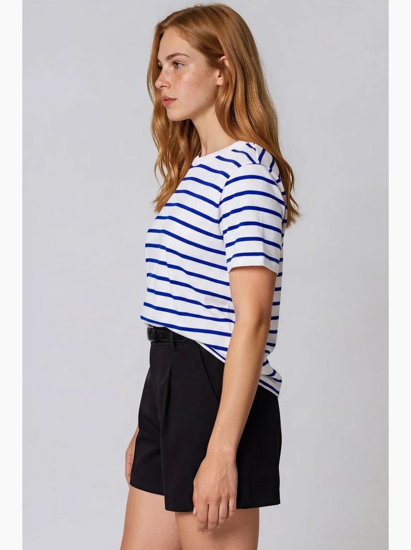 T-shirt feminina de algodão às riscas com gola redonda busem Branco Azul - Kiabi