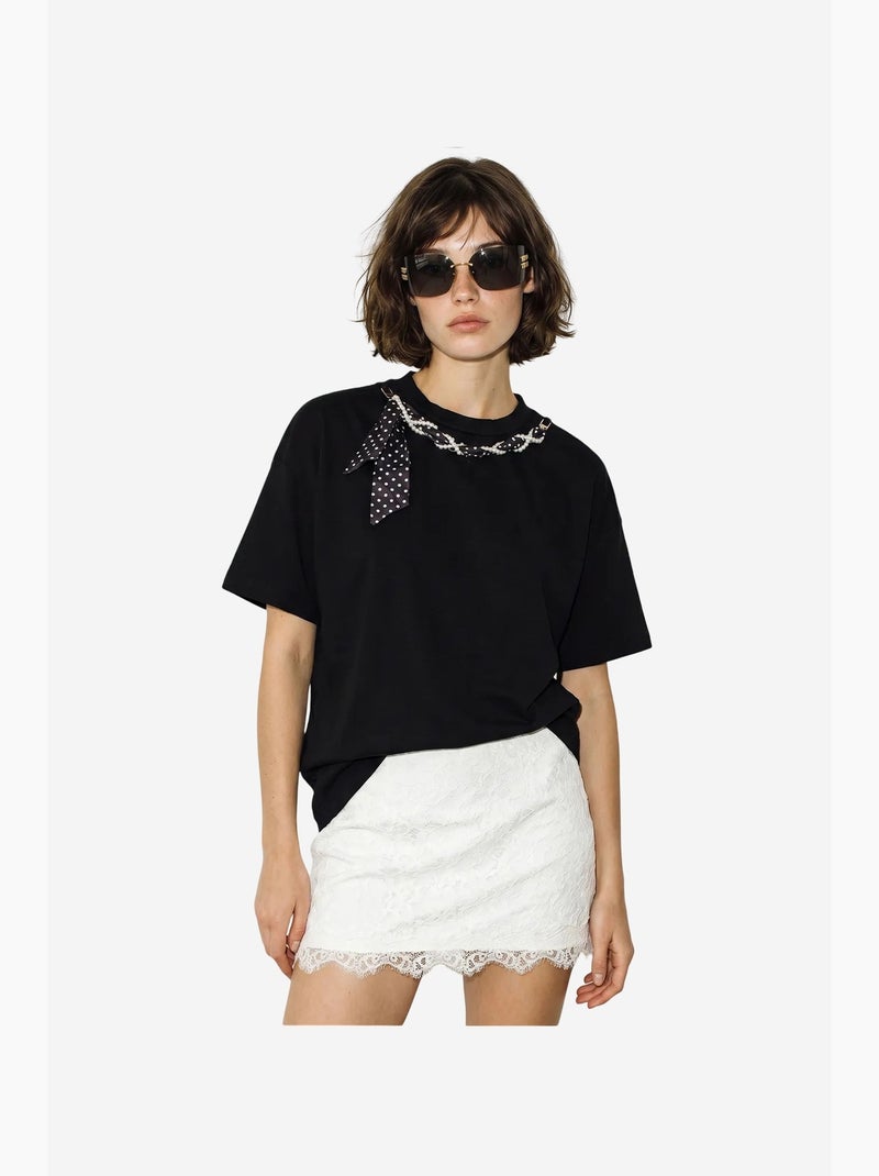 T-shirt feminina de algodão e elastano lucci Preto - Kiabi