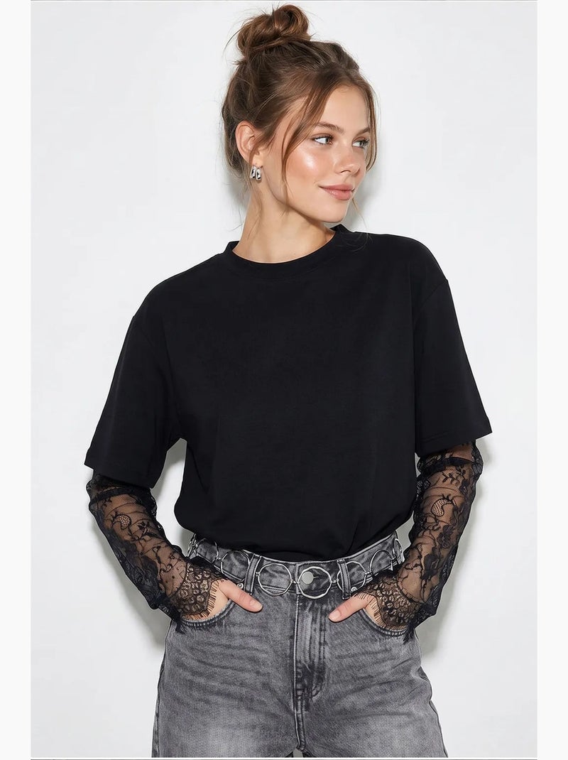 T-shirt feminina de algodão e poliéster lucci Preto - Kiabi
