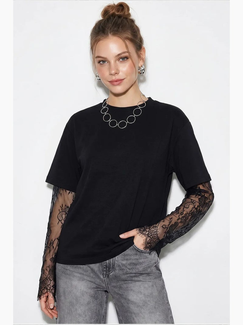 T-shirt feminina de algodão e poliéster lucci Preto - Kiabi