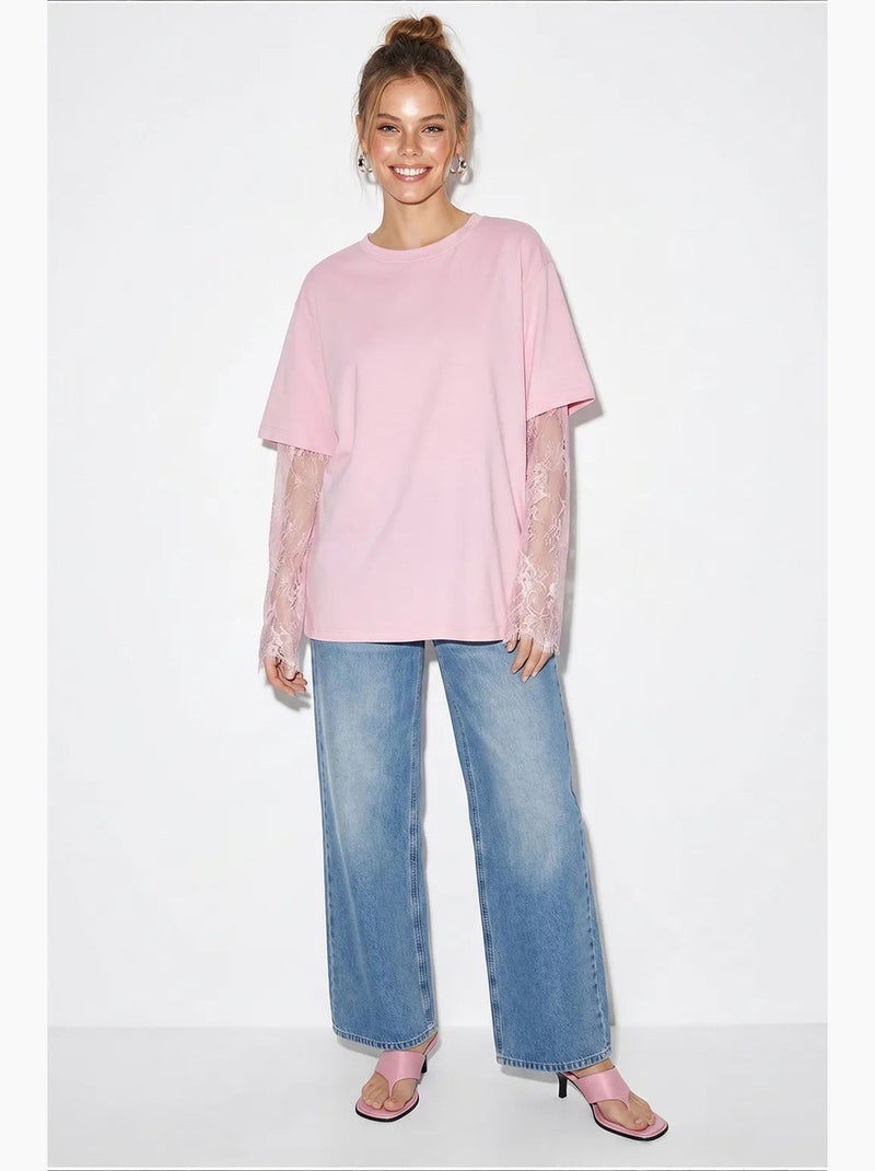 T-shirt feminina de algodão e poliéster lucci Rosa doce - Kiabi