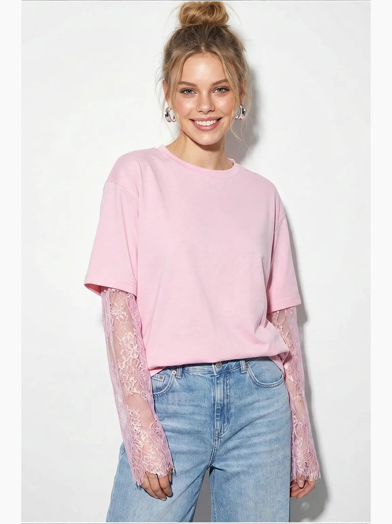 T-shirt feminina de algodão e poliéster lucci Rosa doce - Kiabi