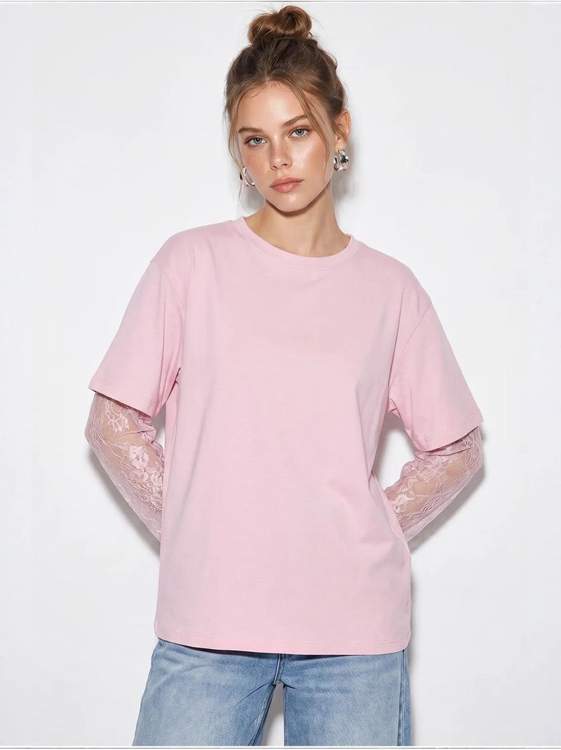 T-shirt feminina de algodão e poliéster lucci Rosa doce - Kiabi