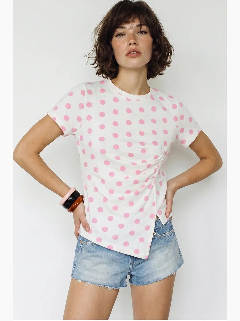 T-shirt feminina justa de bolinhas com gola careca lucci Rosa-pálido - Kiabi