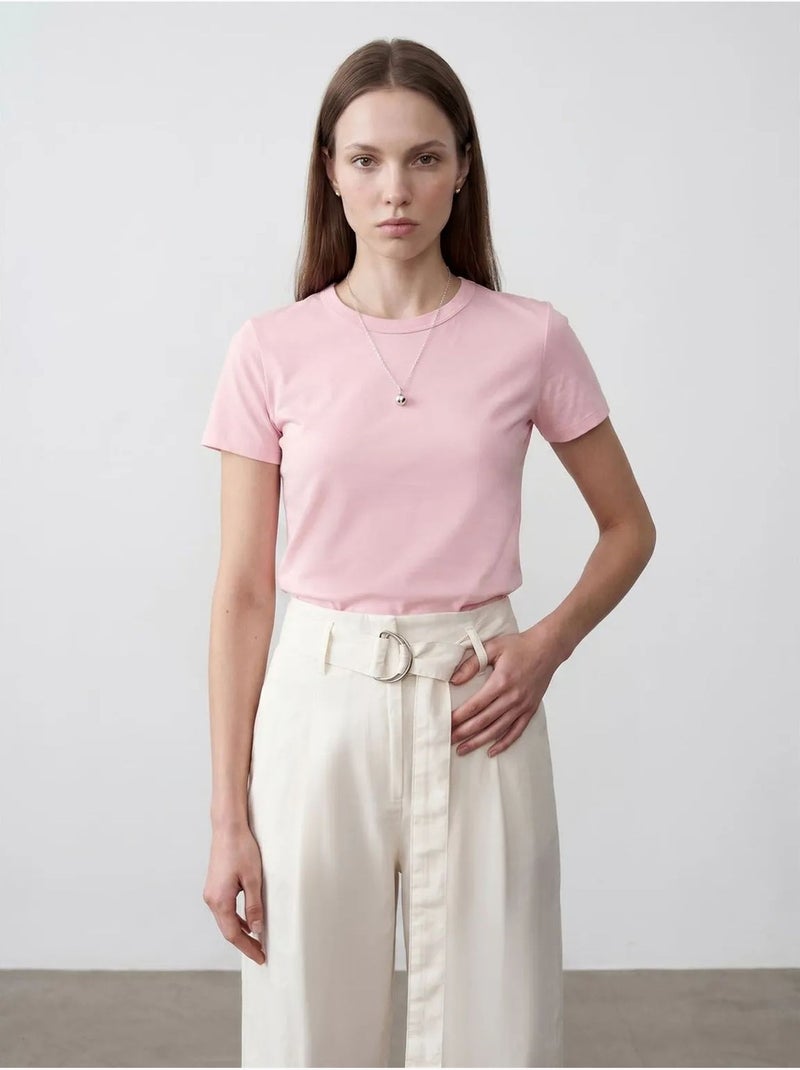 T-shirt feminina lisa com gola redonda dilvin Rosa doce - Kiabi