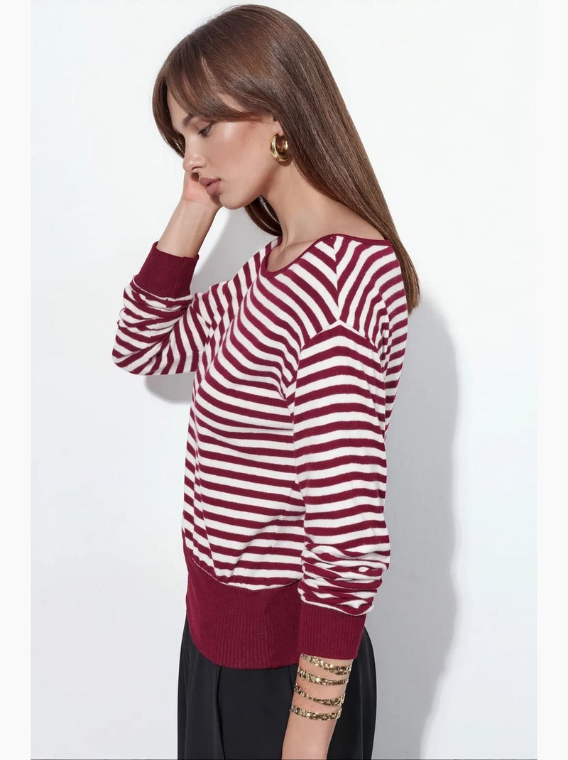 T-shirt feminina listrada de manga comprida canelada busem Vermelho bordô - Kiabi