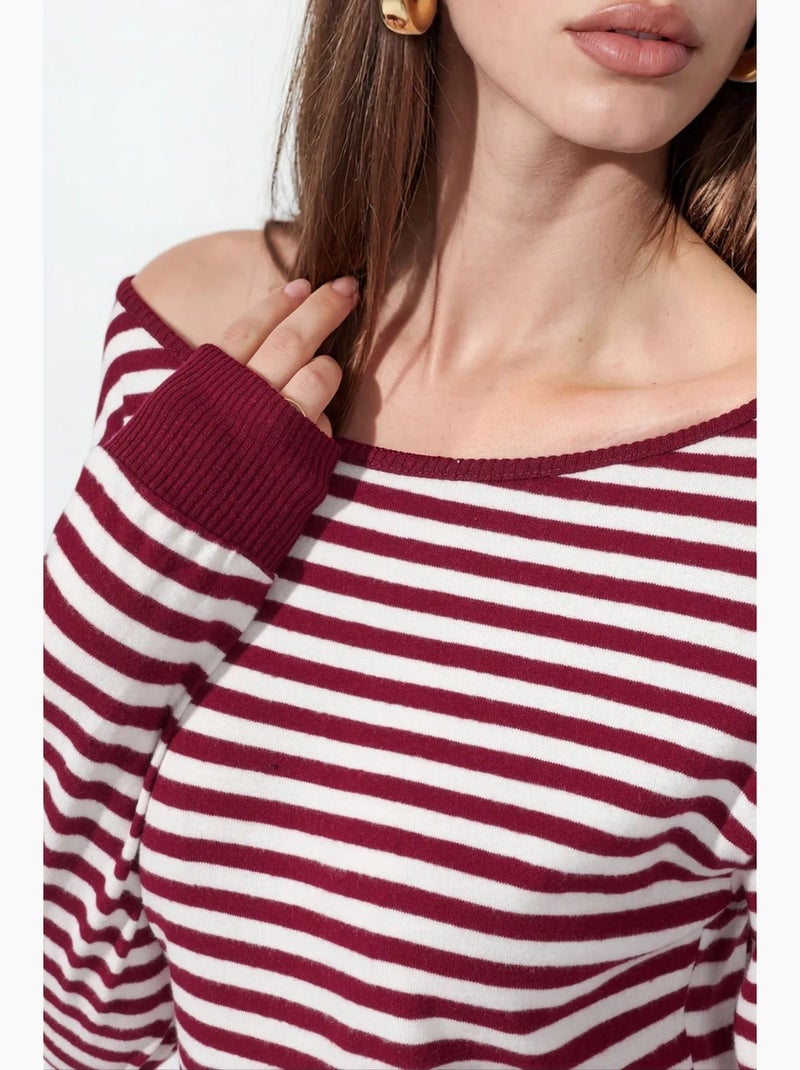 T-shirt feminina listrada de manga comprida canelada busem Vermelho bordô - Kiabi