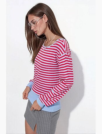T-shirt feminina listrada de manga comprida canelada busem