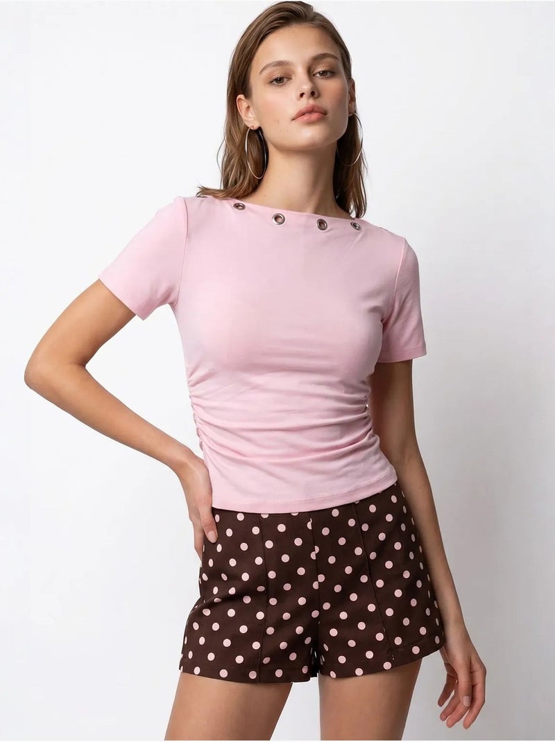 T-shirt feminina slim fit com decote barco mixray Rosa doce - Kiabi
