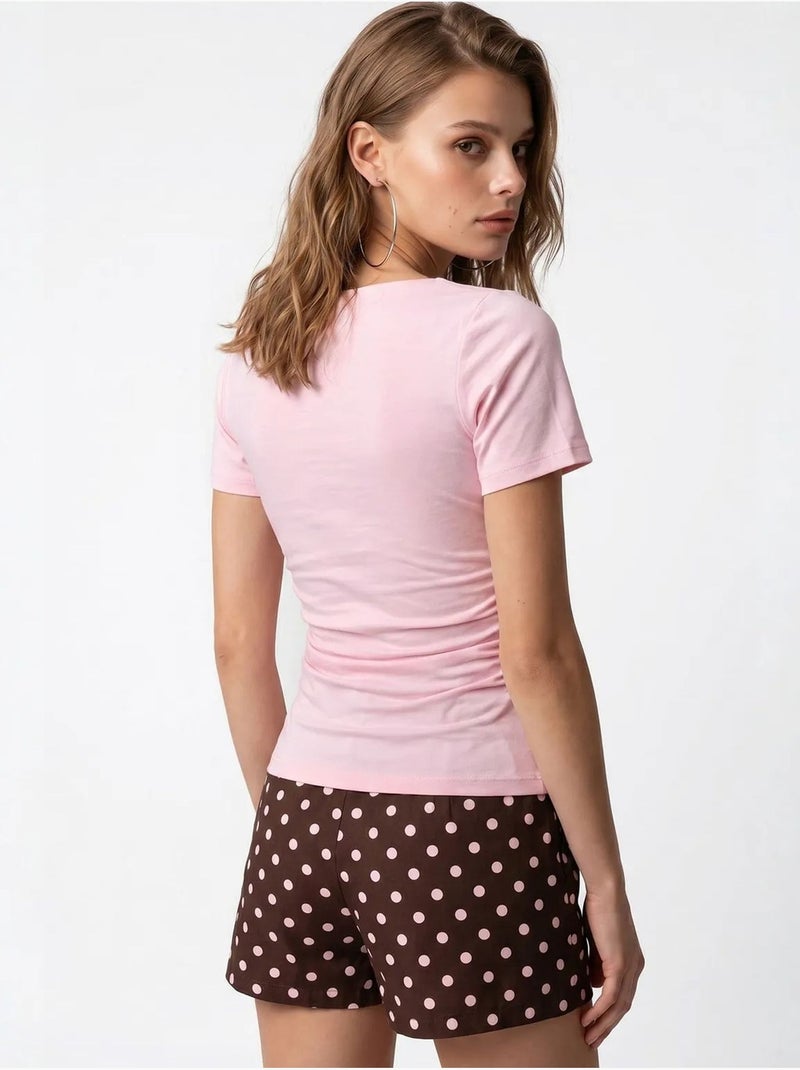 T-shirt feminina slim fit com decote barco mixray Rosa doce - Kiabi