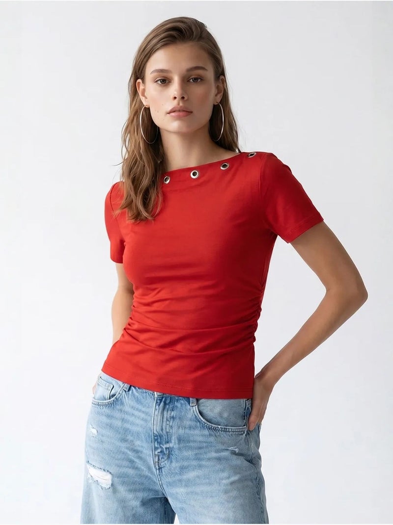 T-shirt feminina slim fit com decote barco mixray Vermelho - Kiabi