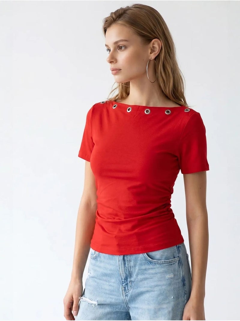 T-shirt feminina slim fit com decote barco mixray Vermelho - Kiabi