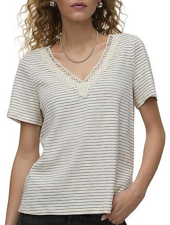 T-Shirt Feminina Vero Moda Karoline Branco/Azul Marinho