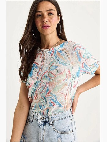 T-shirt floral de manga curta com decote redondo lucci