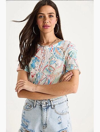 T-shirt floral de manga curta com decote redondo lucci