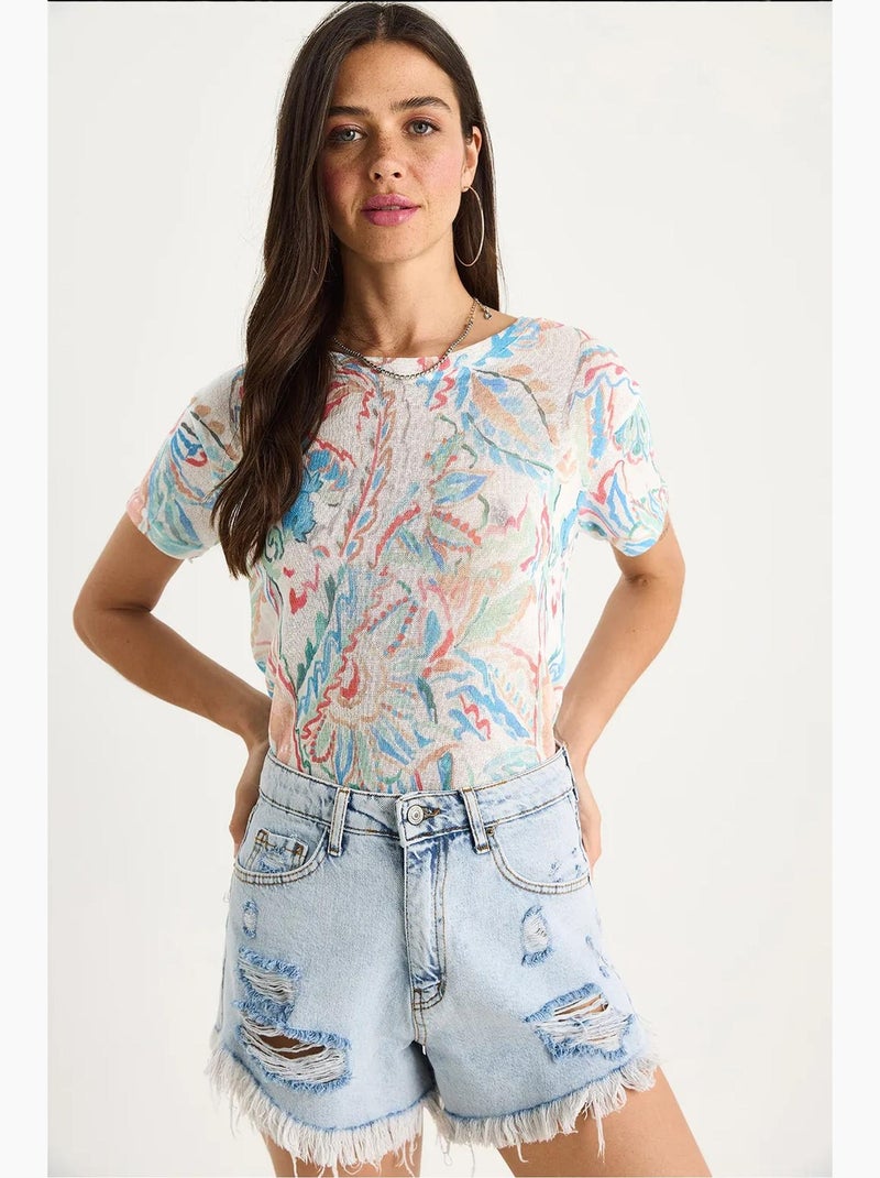 T-shirt floral de manga curta com decote redondo lucci Azul-safira - Kiabi