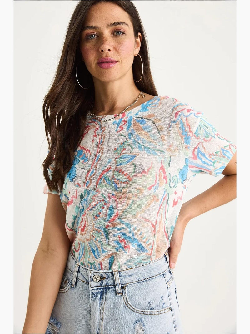 T-shirt floral de manga curta com decote redondo lucci Azul-safira - Kiabi