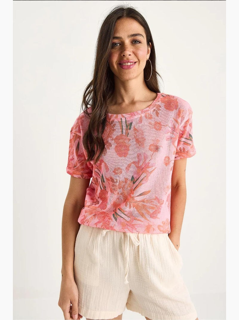 T-shirt floral de manga curta com decote redondo lucci Rosa-fluo/Solinotes - Kiabi