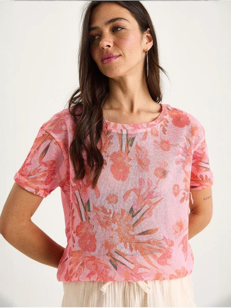 T-shirt floral de manga curta com decote redondo lucci Rosa-fluo/Solinotes - Kiabi