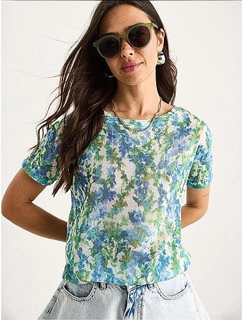T-shirt floral de manga curta com decote redondo lucci