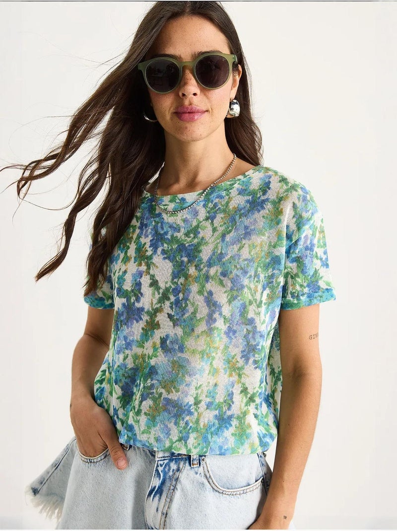 T-shirt floral de manga curta com decote redondo lucci Verde - Kiabi