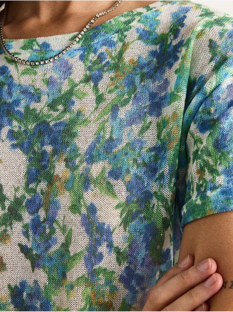 T-shirt floral de manga curta com decote redondo lucci Verde - Kiabi