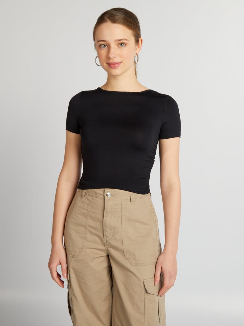 T-shirt franzida com costas abertas Preto - Kiabi