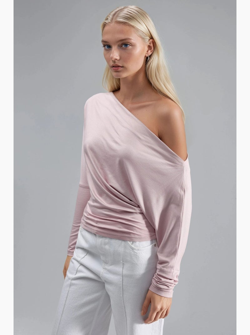 T-shirt gola barco drapeada manga comprida busem Rosa doce - Kiabi