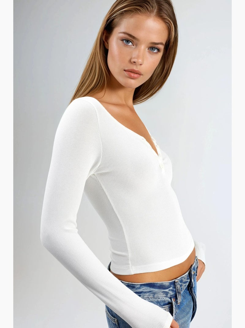 T-shirt gola com botões elástica manga comprida busem Branco - Kiabi
