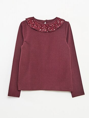 T-shirt gola grande com folho e lantejoulas liso
