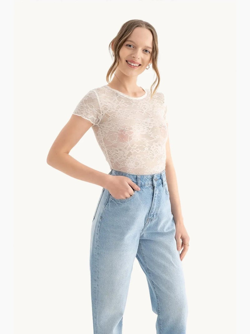 T-shirt gola redonda bordada flores tule manga curta hiccup Branco - Kiabi