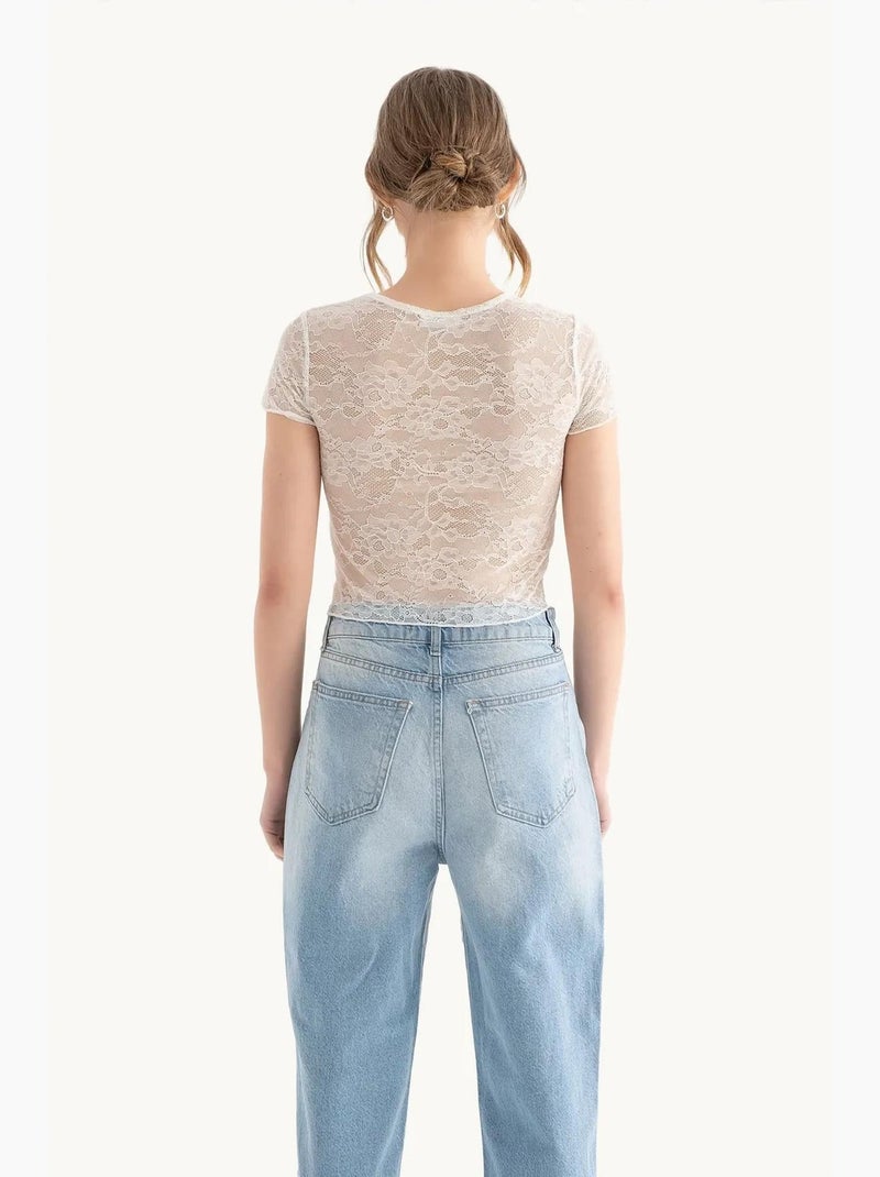 T-shirt gola redonda bordada flores tule manga curta hiccup Branco - Kiabi