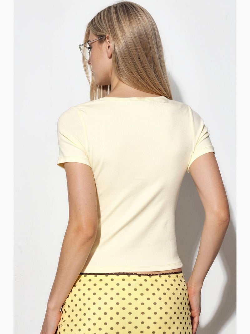 T-shirt gola redonda de malha manga curta com botões busem Amarelo-limão - Kiabi
