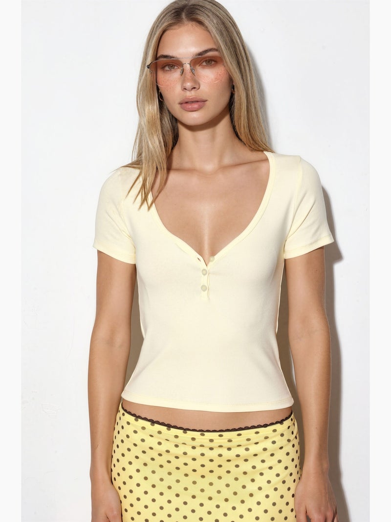 T-shirt gola redonda de malha manga curta com botões busem Amarelo-limão - Kiabi