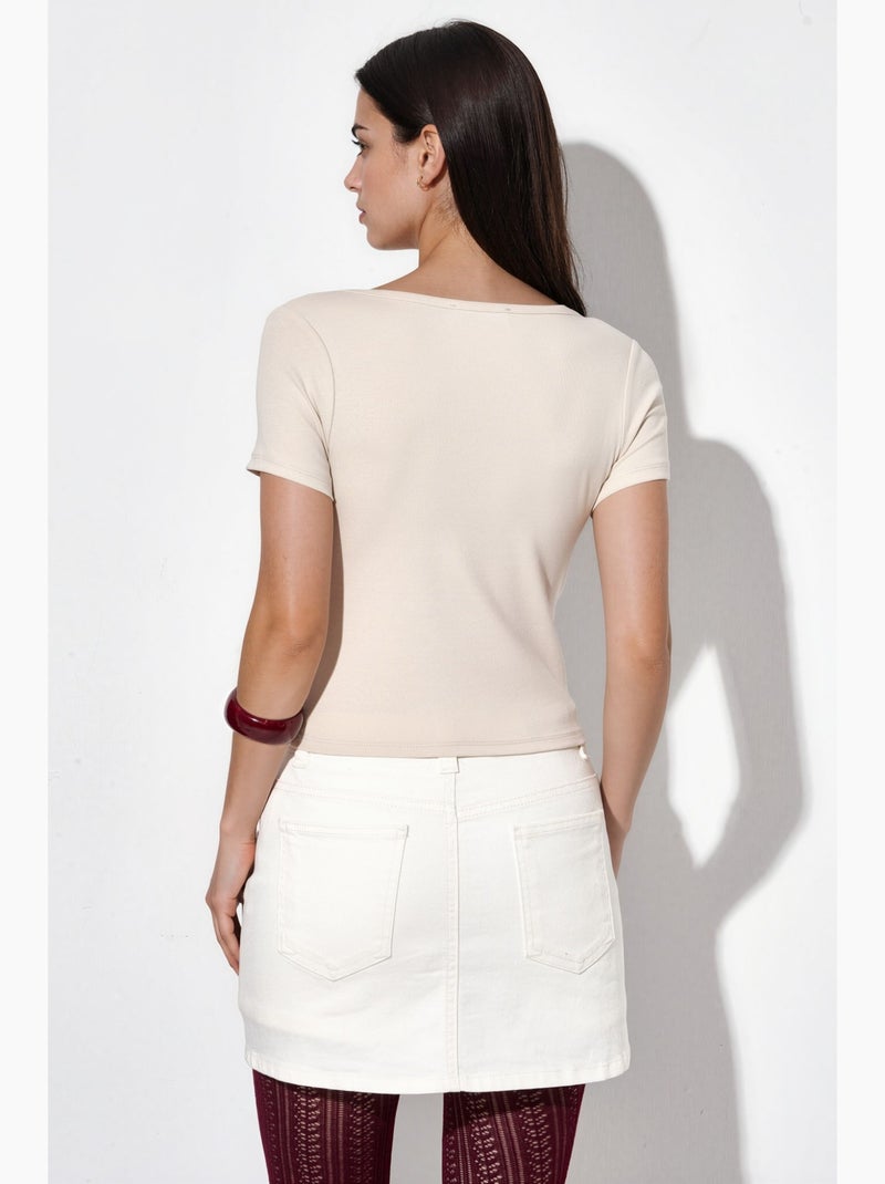 T-shirt gola redonda de malha manga curta com botões busem Branco sujo - Kiabi