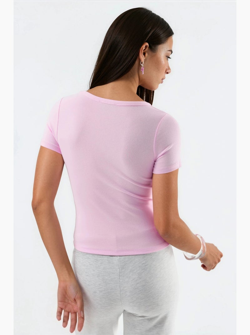 T-shirt gola redonda de malha manga curta com botões busem Rosa-pálido - Kiabi