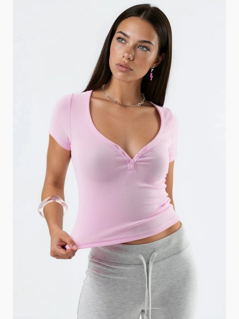 T-shirt gola redonda de malha manga curta com botões busem Rosa-pálido - Kiabi