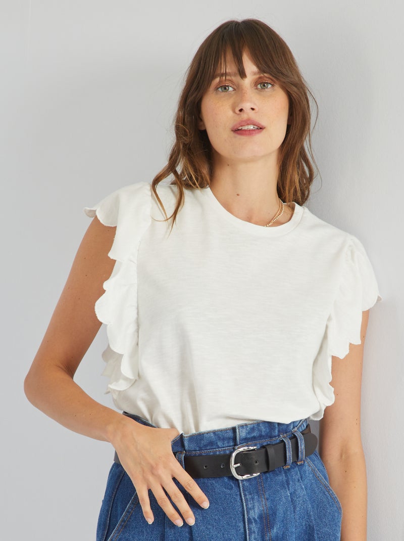 T-shirt gola redonda e mangas com folhos Branco - Kiabi