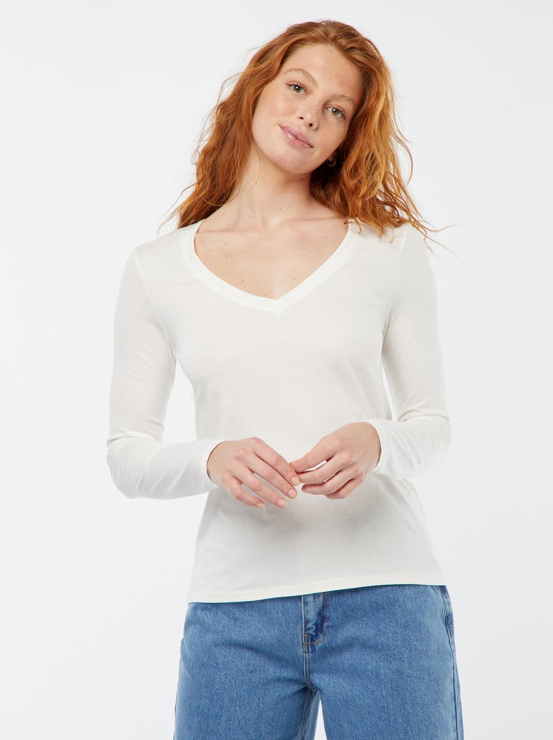 T-shirt gola V Branco - Kiabi