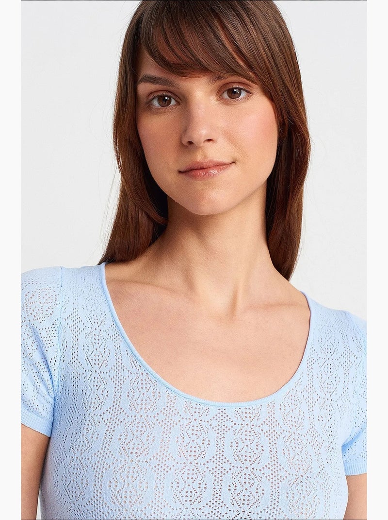 T-shirt justa canelada texturizada manga curta dilvin Azul-céu - Kiabi